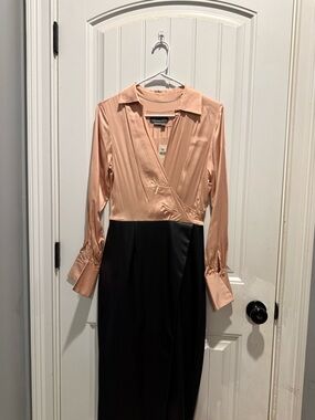 Anthropologie Satin Peach Wrap Bodice Long Sleeve Midi Dress with Black Skirt